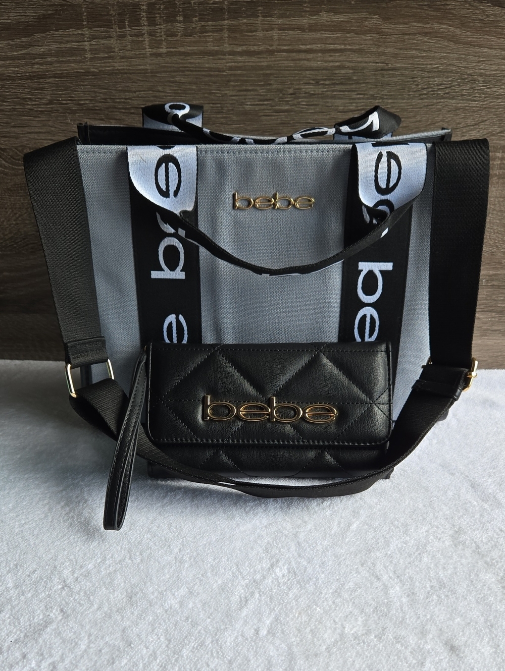 Bebe Gray Canvas Tote Bag Set With Black Wallet. & Logo Crossbody Strap